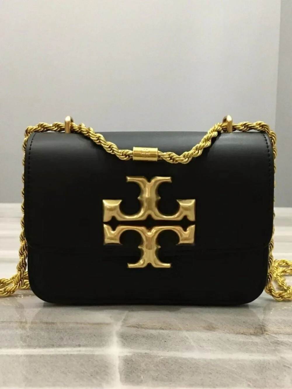 Tory Burch Black Leather Kira Shoulder Bag with Gold Logo
